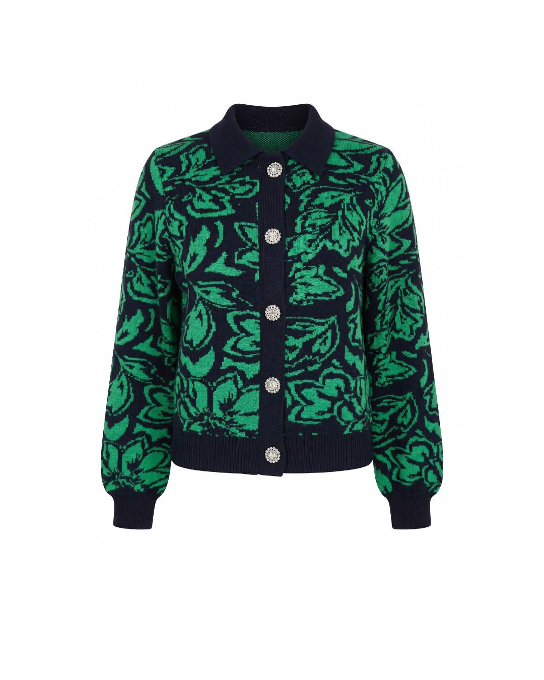 Floral jacquard all-over polo cardigan