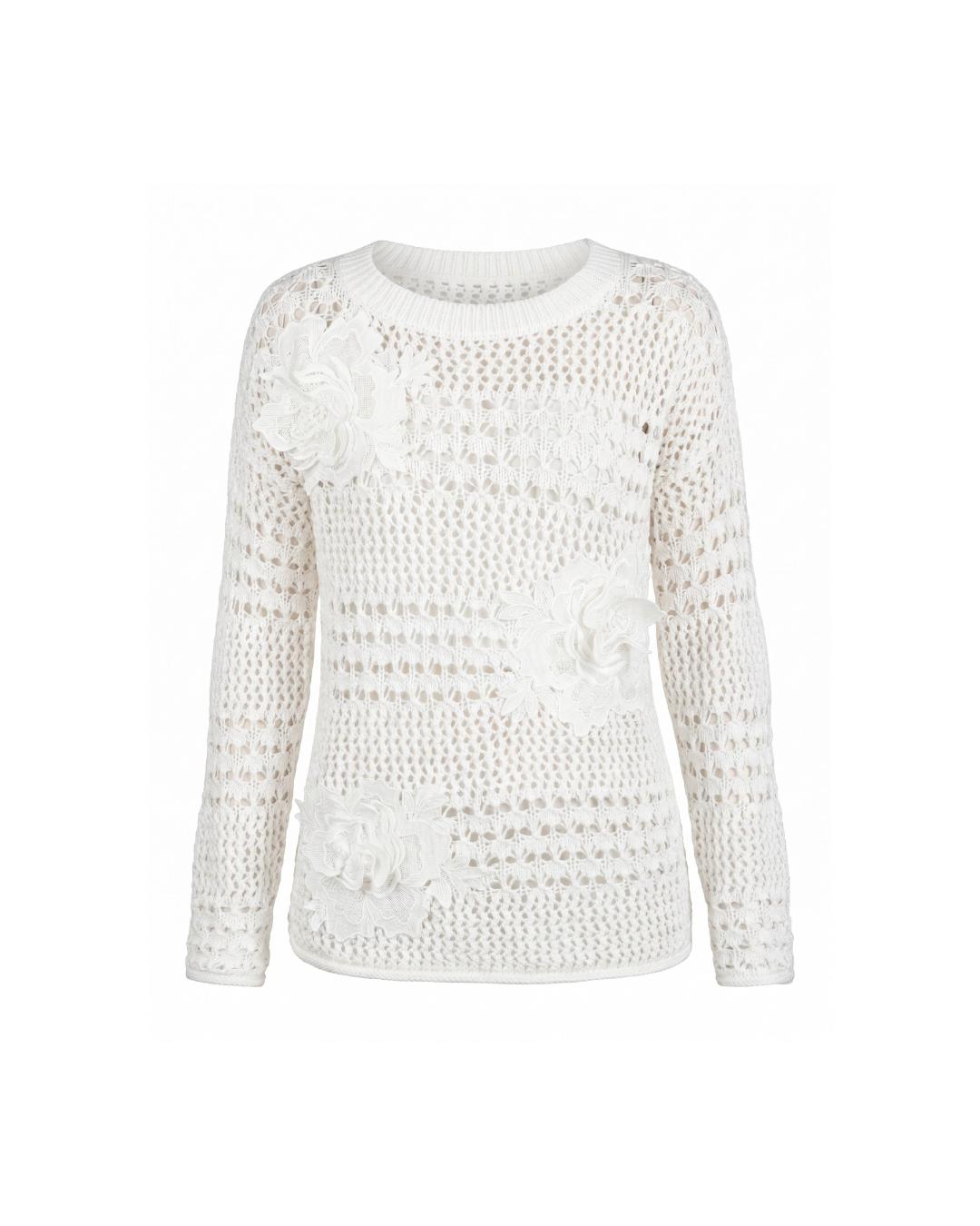 Pointelle knit pullover with dimensional florals