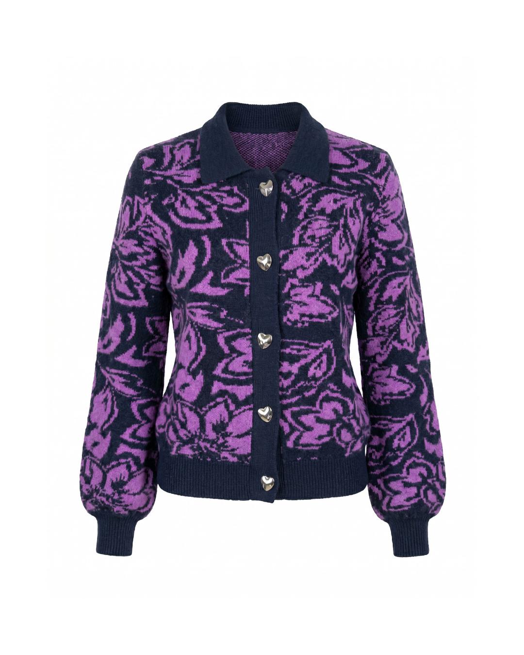 Floral jacquard all-over polo cardigan