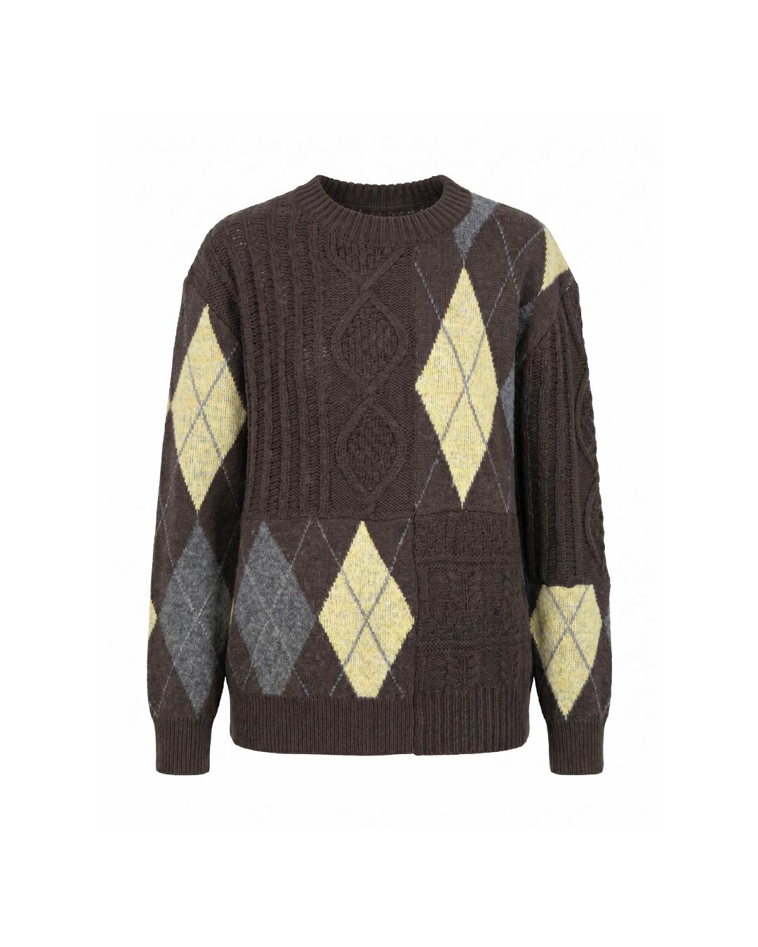 Diamond and cable knit patchwork pullover